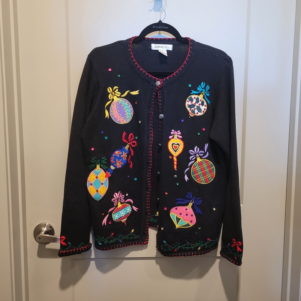 Vintage Christmas Ornament Black Festive Women's Cardigan